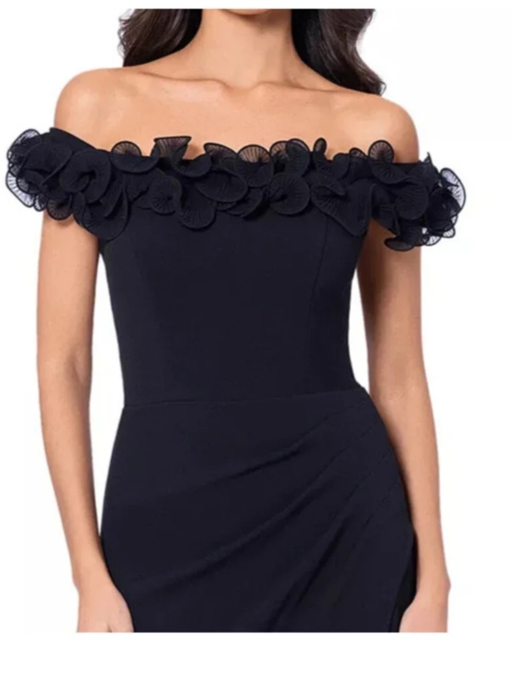 Xscape Off the Shoulder Ruffle Strapless Scuba Crepe Sheath Gown Size 12 Black